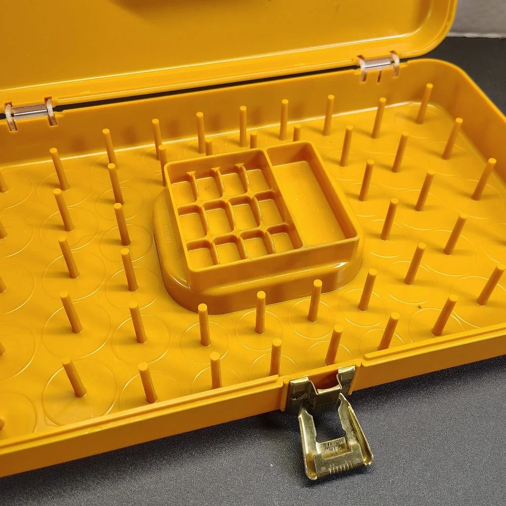 Vintage Wil-hold Sewing Thread and Bobbins Storage Caddy Box Plastic 70s Gold